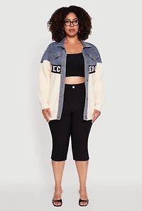 Womens Plus Color Block Chic Graphic Knit Denim Jacket, Multi,