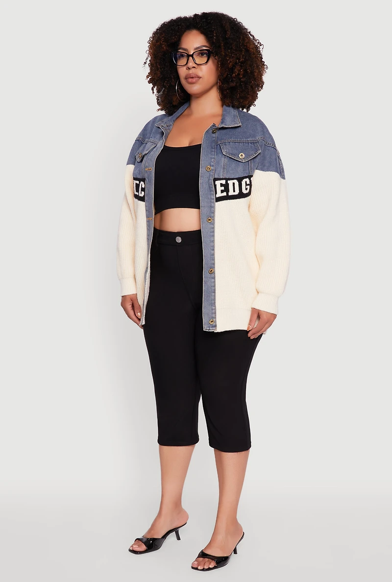 Womens Plus Color Block Chic Graphic Knit Denim Jacket, Multi,