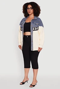 Womens Plus Color Block Chic Graphic Knit Denim Jacket, Multi,