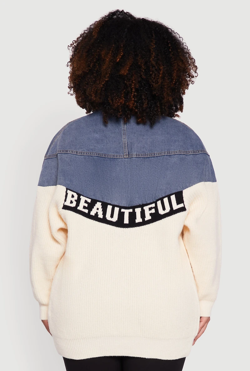 Womens Plus Color Block Chic Graphic Knit Denim Jacket, Multi,