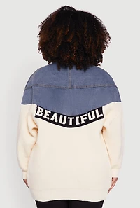 Womens Plus Color Block Chic Graphic Knit Denim Jacket, Multi,