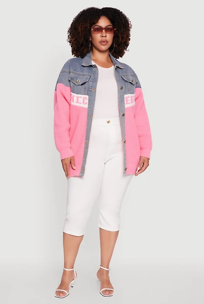 Womens Plus Color Block Chic Graphic Knit Denim Jacket, Multi,