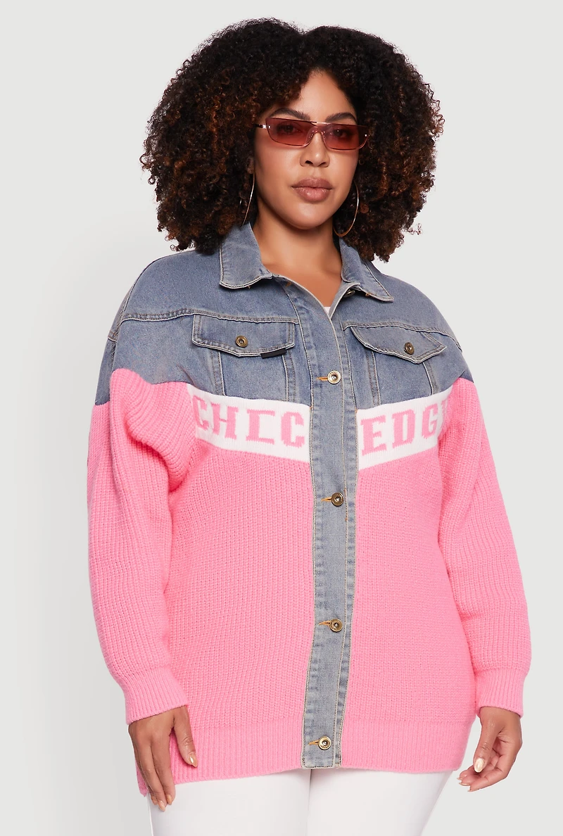 Womens Plus Color Block Chic Graphic Knit Denim Jacket, Multi,
