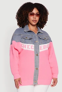 Womens Plus Color Block Chic Graphic Knit Denim Jacket, Multi,