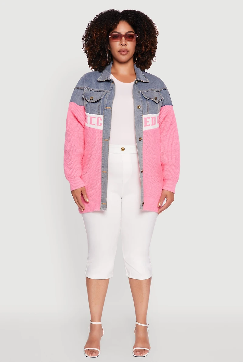 Womens Plus Color Block Chic Graphic Knit Denim Jacket, Multi,