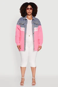 Womens Plus Color Block Chic Graphic Knit Denim Jacket, Multi,