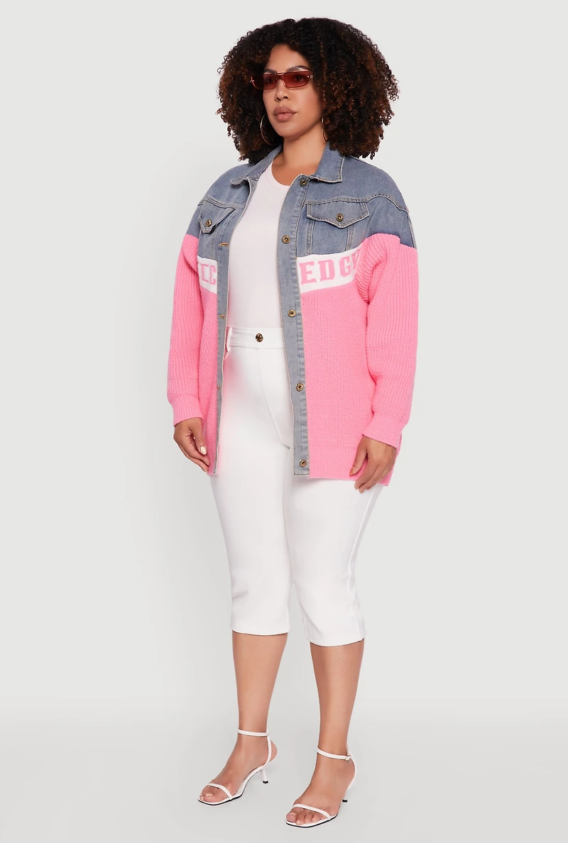 Womens Plus Color Block Chic Graphic Knit Denim Jacket, Multi,