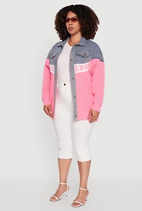 Womens Plus Color Block Chic Graphic Knit Denim Jacket, Multi,