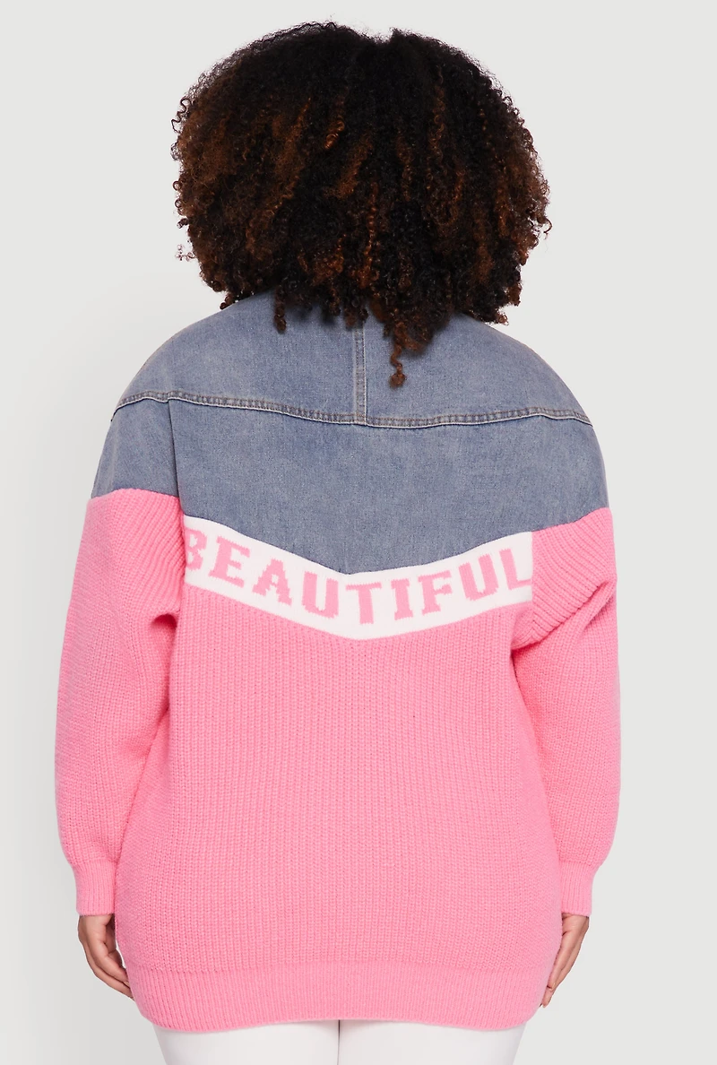 Womens Plus Color Block Chic Graphic Knit Denim Jacket, Multi,