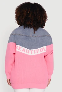 Plus Color Block Chic Graphic Knit Denim Jacket