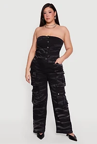 Plus Strapless Denim Utility Cargo Jumpsuit