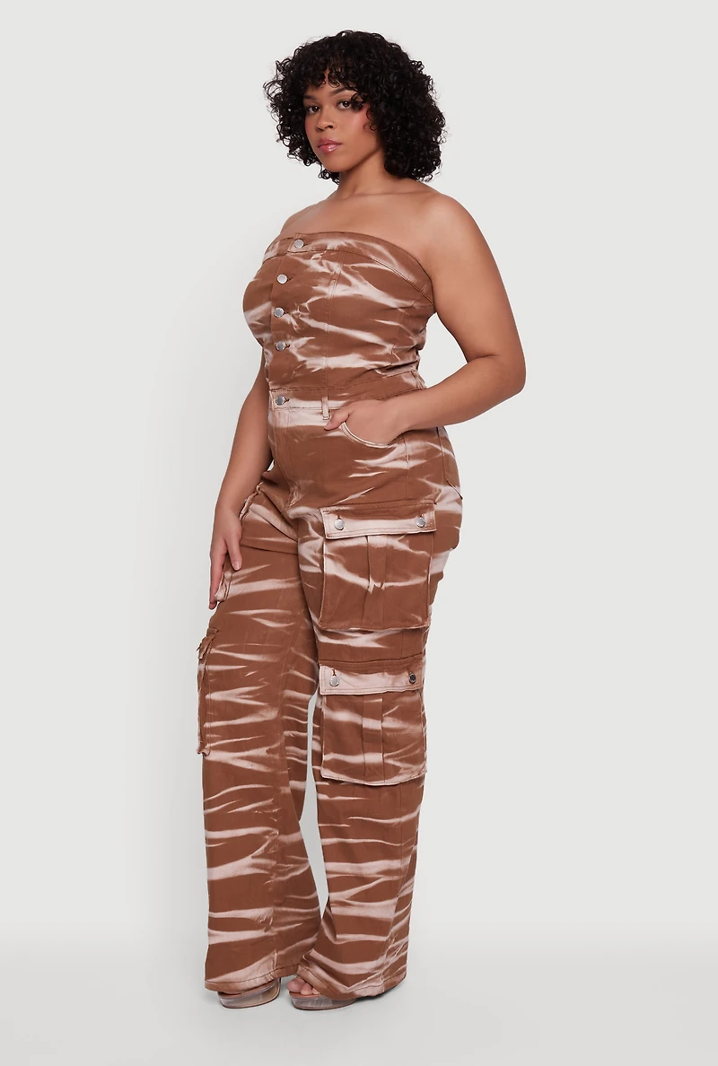 Plus Strapless Denim Utility Cargo Jumpsuit