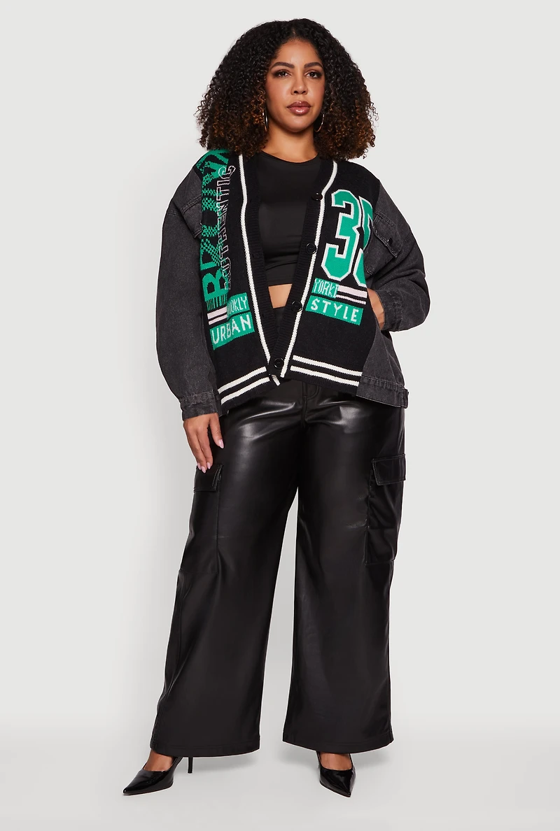 Womens Plus Size Bronx Authentic Graphic Knit Denim Jacket, Black, Size 2X