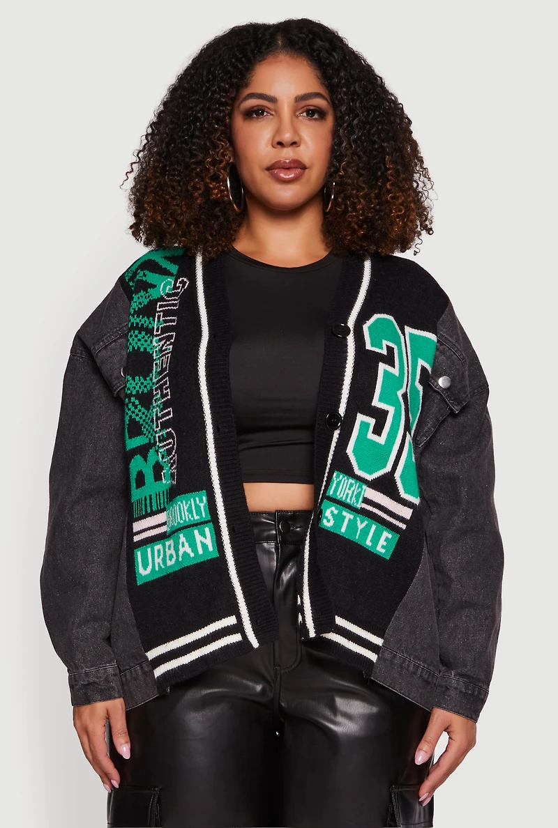 Womens Plus Size Bronx Authentic Graphic Knit Denim Jacket, Black, Size 2X