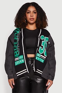 Womens Plus Size Bronx Authentic Graphic Knit Denim Jacket, Black, Size 2X