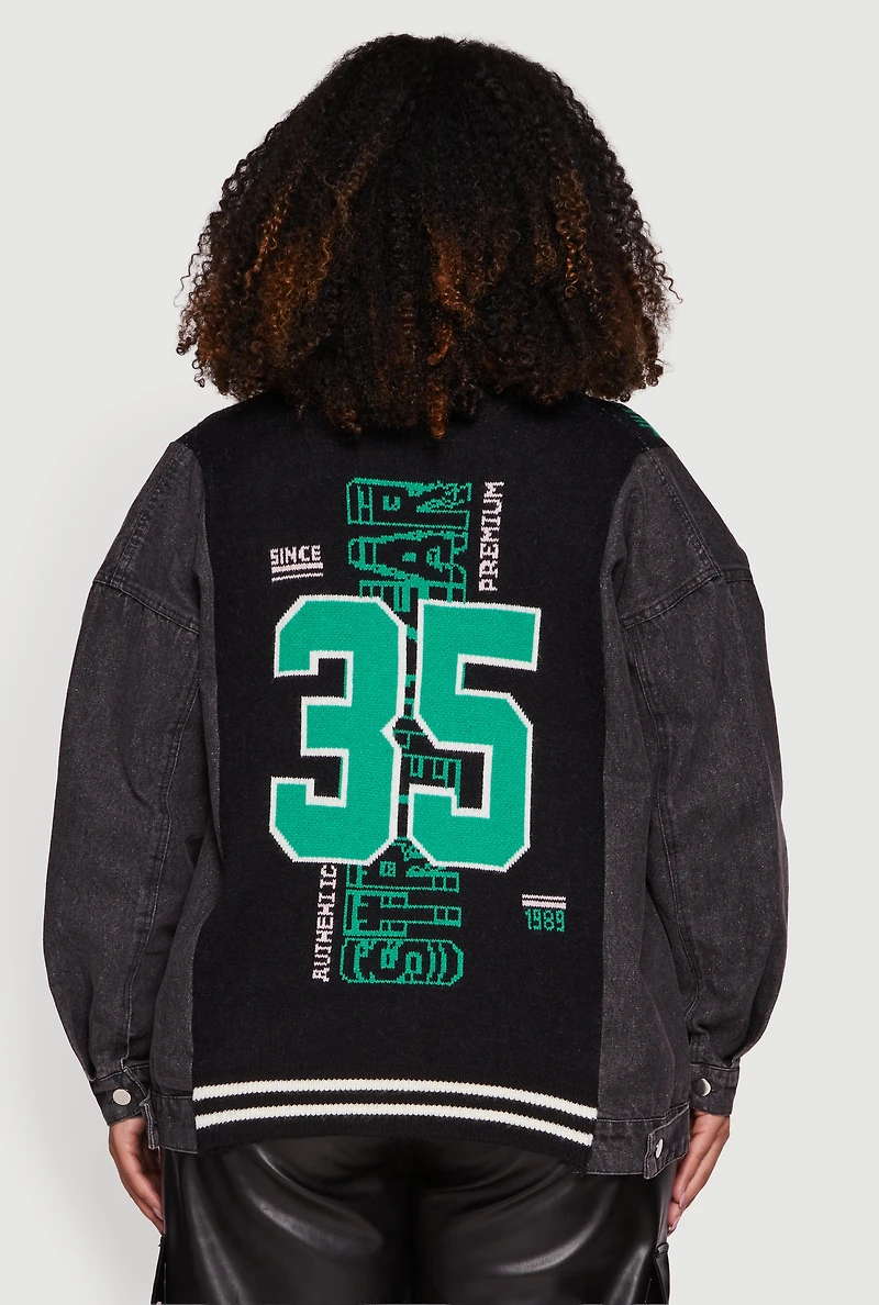 Womens Plus Size Bronx Authentic Graphic Knit Denim Jacket, Black, Size 2X