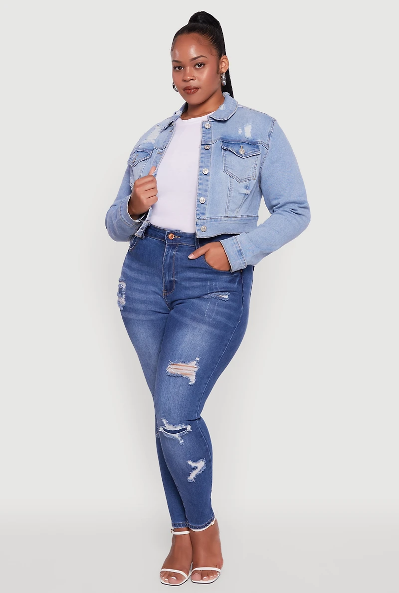 Womens Plus Cropped Distressed Button Front Jean Jacket, Blue,