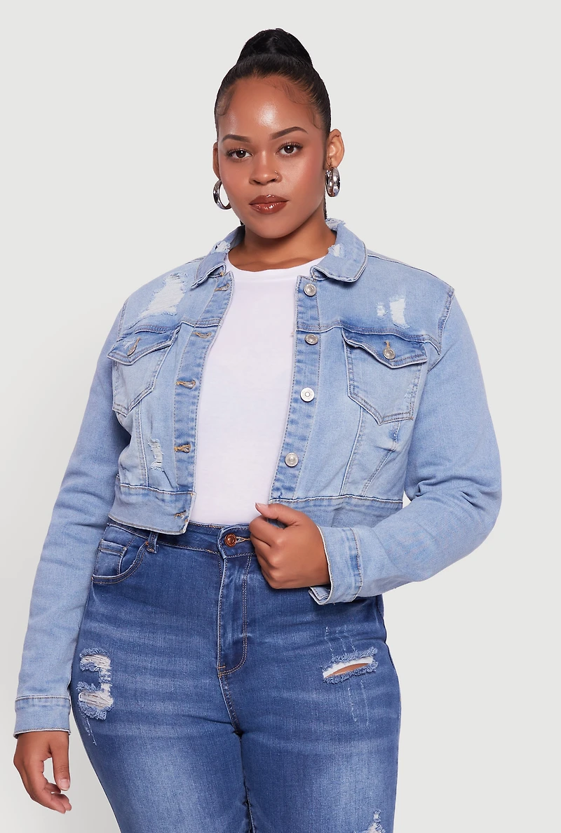 Womens Plus Cropped Distressed Button Front Jean Jacket, Blue,
