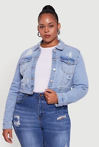 Womens Plus Cropped Distressed Button Front Jean Jacket, Blue,