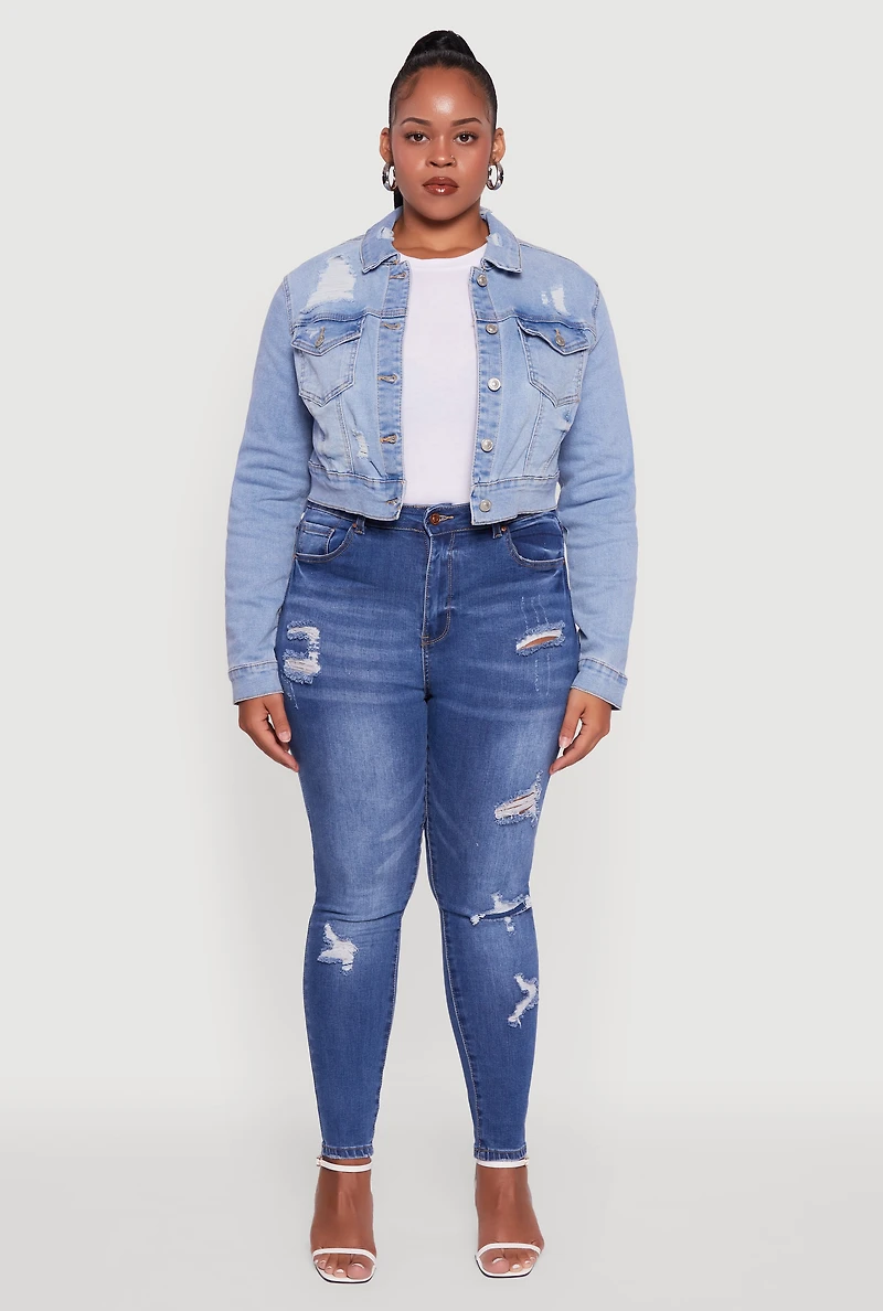 Womens Plus Cropped Distressed Button Front Jean Jacket, Blue,