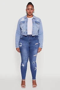 Womens Plus Cropped Distressed Button Front Jean Jacket, Blue,