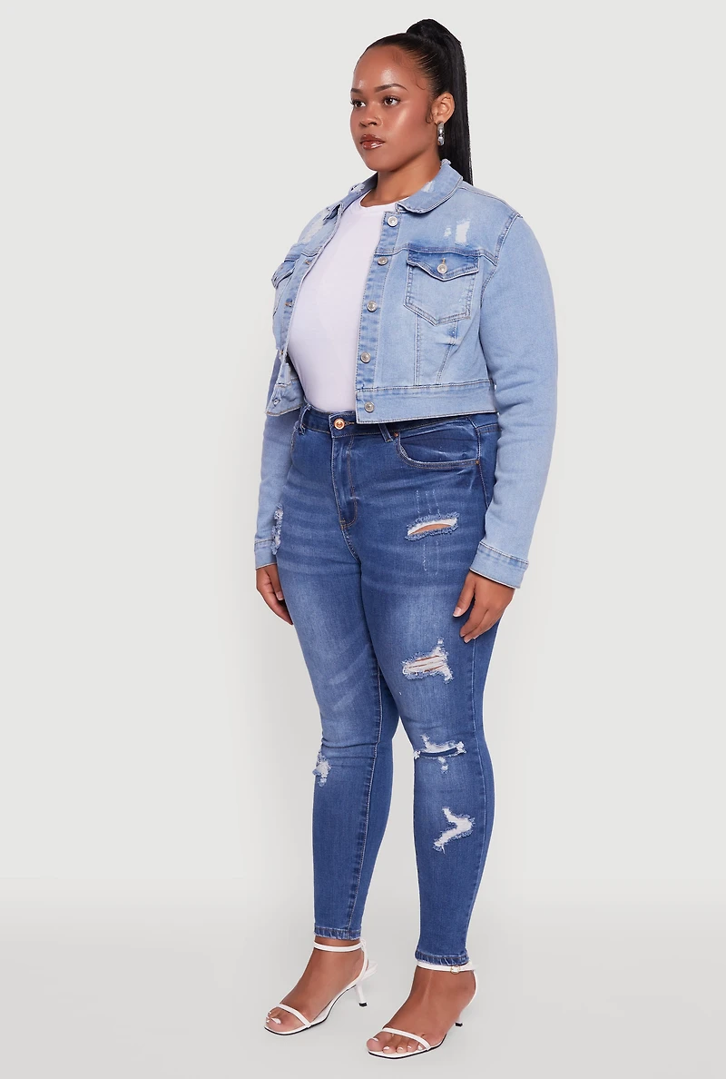 Womens Plus Cropped Distressed Button Front Jean Jacket, Blue,