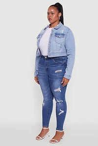 Womens Plus Cropped Distressed Button Front Jean Jacket, Blue,