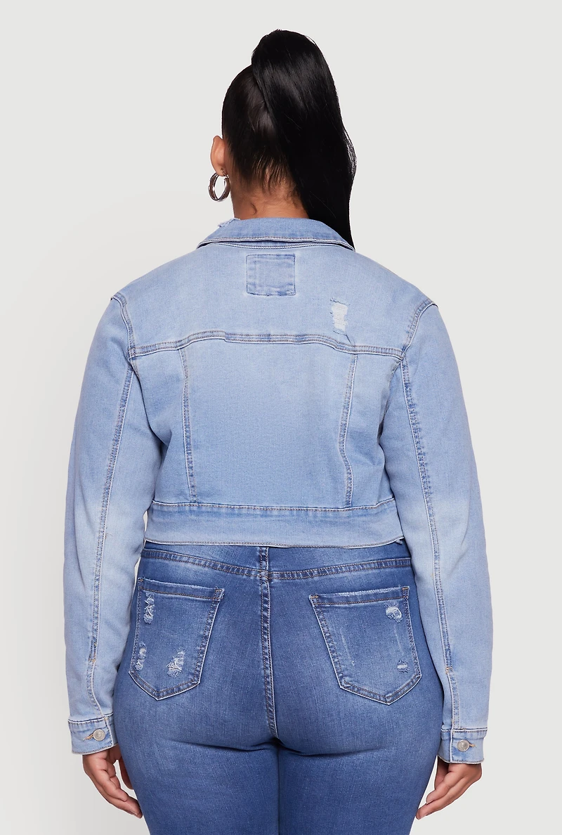 Womens Plus Cropped Distressed Button Front Jean Jacket, Blue,