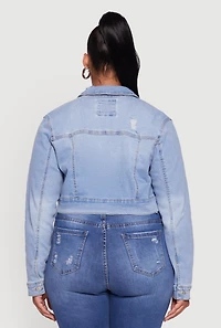 Womens Plus Cropped Distressed Button Front Jean Jacket, Blue,