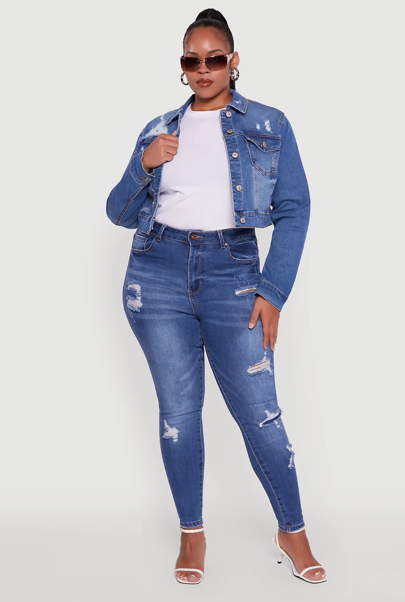 Womens Plus Cropped Distressed Button Front Jean Jacket, Blue,