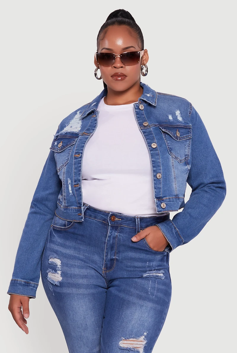 Womens Plus Cropped Distressed Button Front Jean Jacket, Blue,