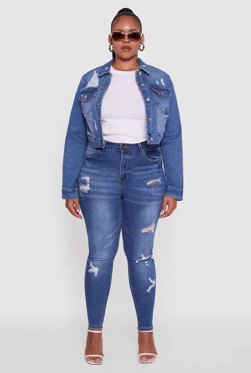 Womens Plus Cropped Distressed Button Front Jean Jacket, Blue,