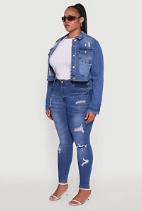 Womens Plus Size Cropped Distressed Button Front Jean Jacket, Blue, Size 3X