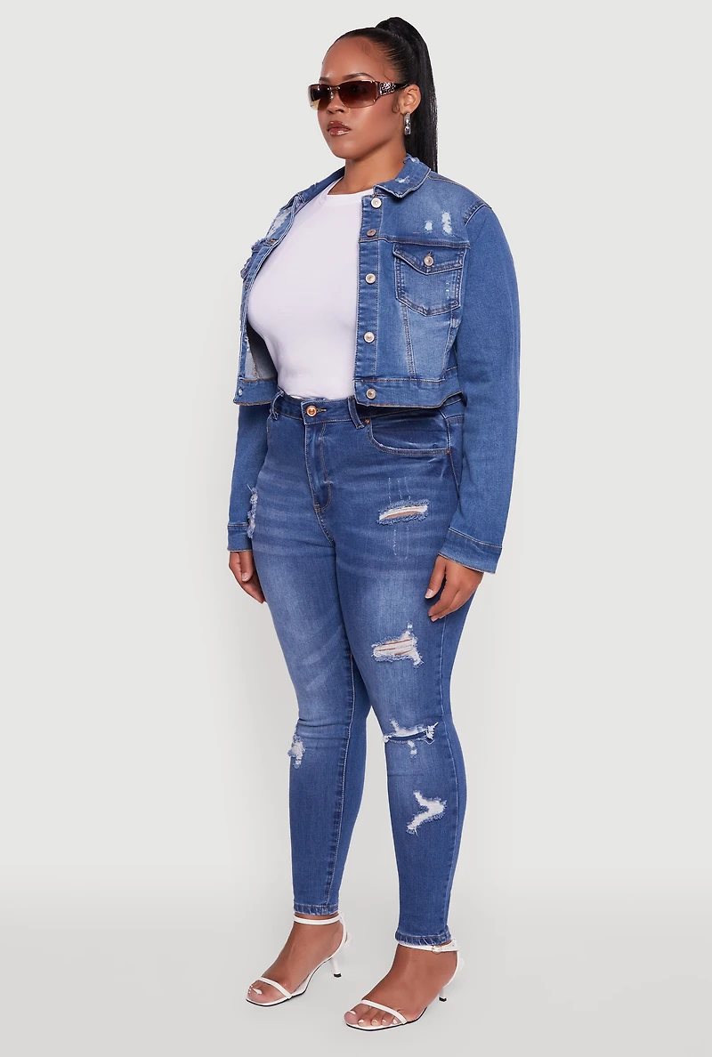 Womens Plus Size Cropped Distressed Button Front Jean Jacket, Blue, Size 1X