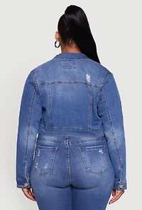 Womens Plus Cropped Distressed Button Front Jean Jacket, Blue,
