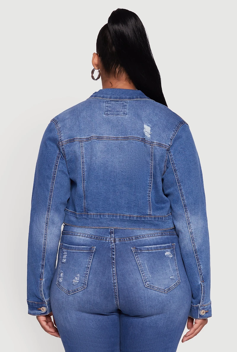 Womens Plus Size Cropped Distressed Button Front Jean Jacket, Blue, Size 1X