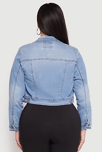 Womens Plus WAX Distressed Cropped Denim Jacket, Blue,