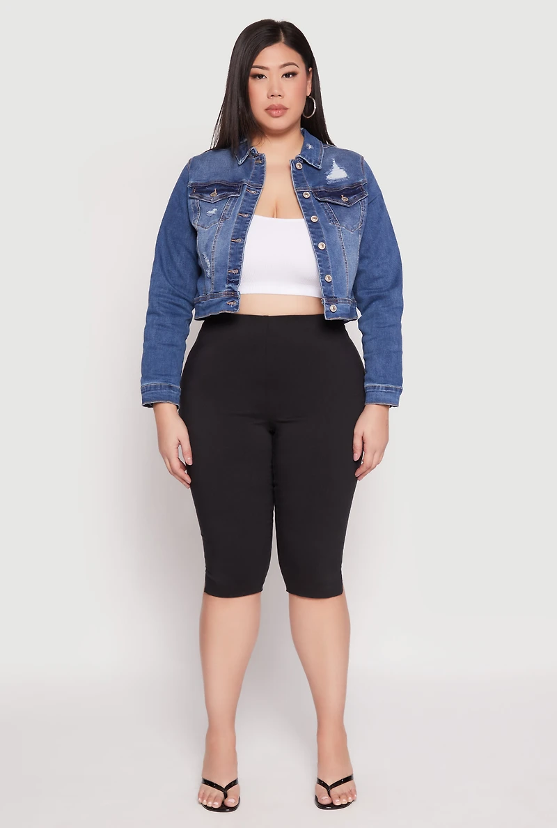Womens Plus WAX Distressed Cropped Denim Jacket, Blue,