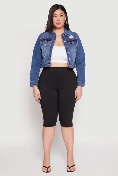 Womens Plus Size WAX Distressed Cropped Denim Jacket, Blue, Size 3X