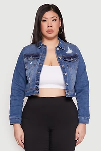 Womens Plus WAX Distressed Cropped Denim Jacket, Blue,