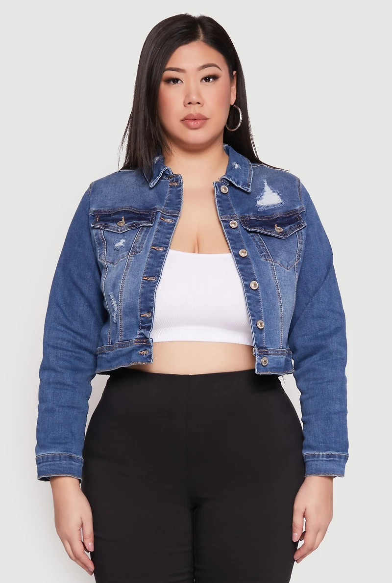 Womens Plus Size WAX Distressed Cropped Denim Jacket, Blue, Size 3X