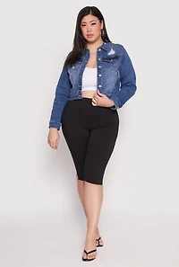 Womens Plus WAX Distressed Cropped Denim Jacket, Blue,