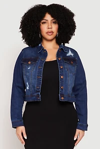Womens Plus Size WAX Distressed Cropped Denim Jacket, Blue, Size 1X