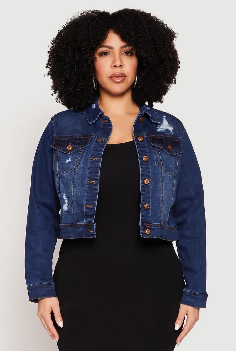 Womens Plus Size WAX Distressed Cropped Denim Jacket, Blue, Size 2X