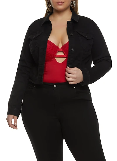 Womens Plus Size WAX Solid Denim Jacket, Black, Size 1X