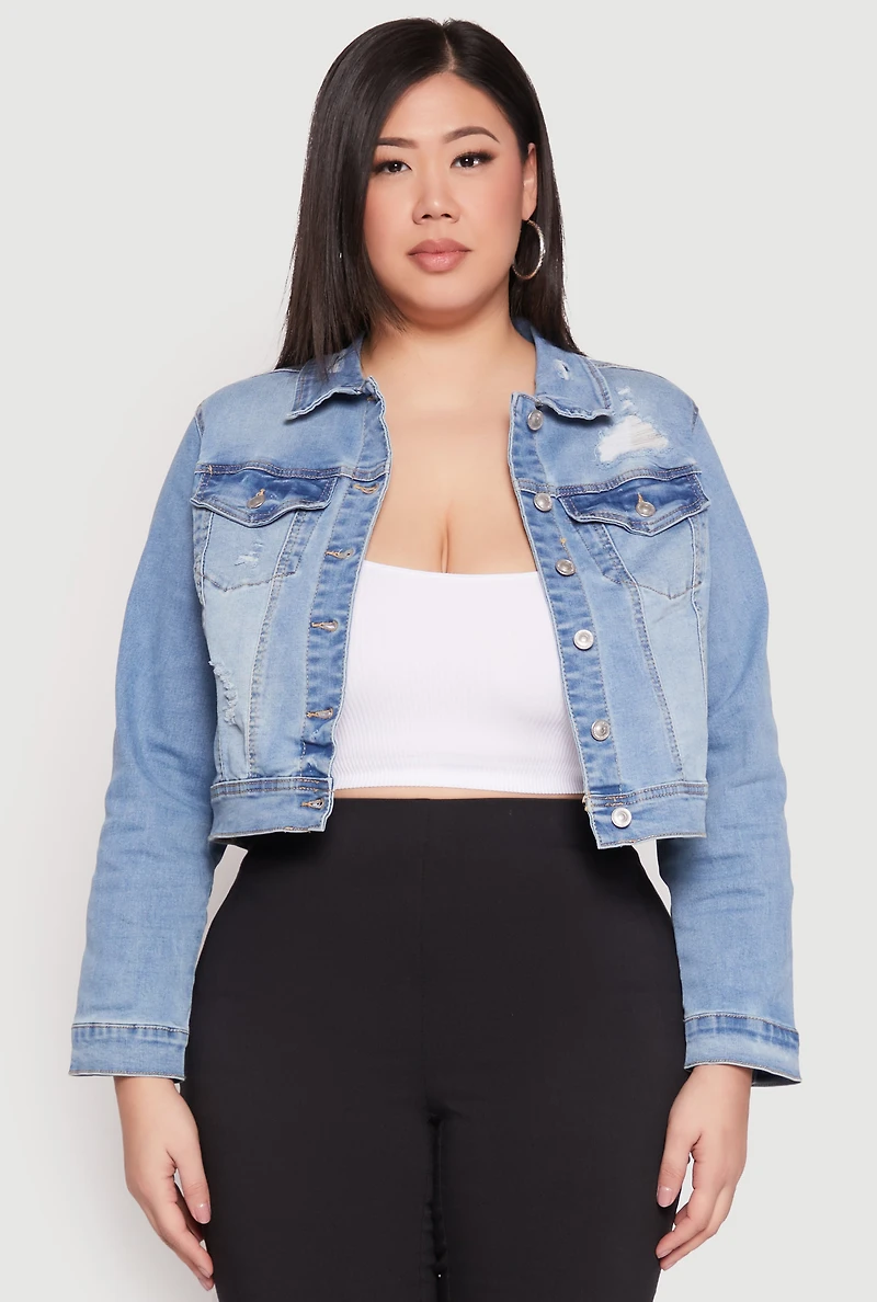 Womens Plus Size WAX Distressed Cropped Jean Jacket, Blue, Size 2X