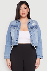 Womens Plus WAX Distressed Cropped Jean Jacket, Blue,
