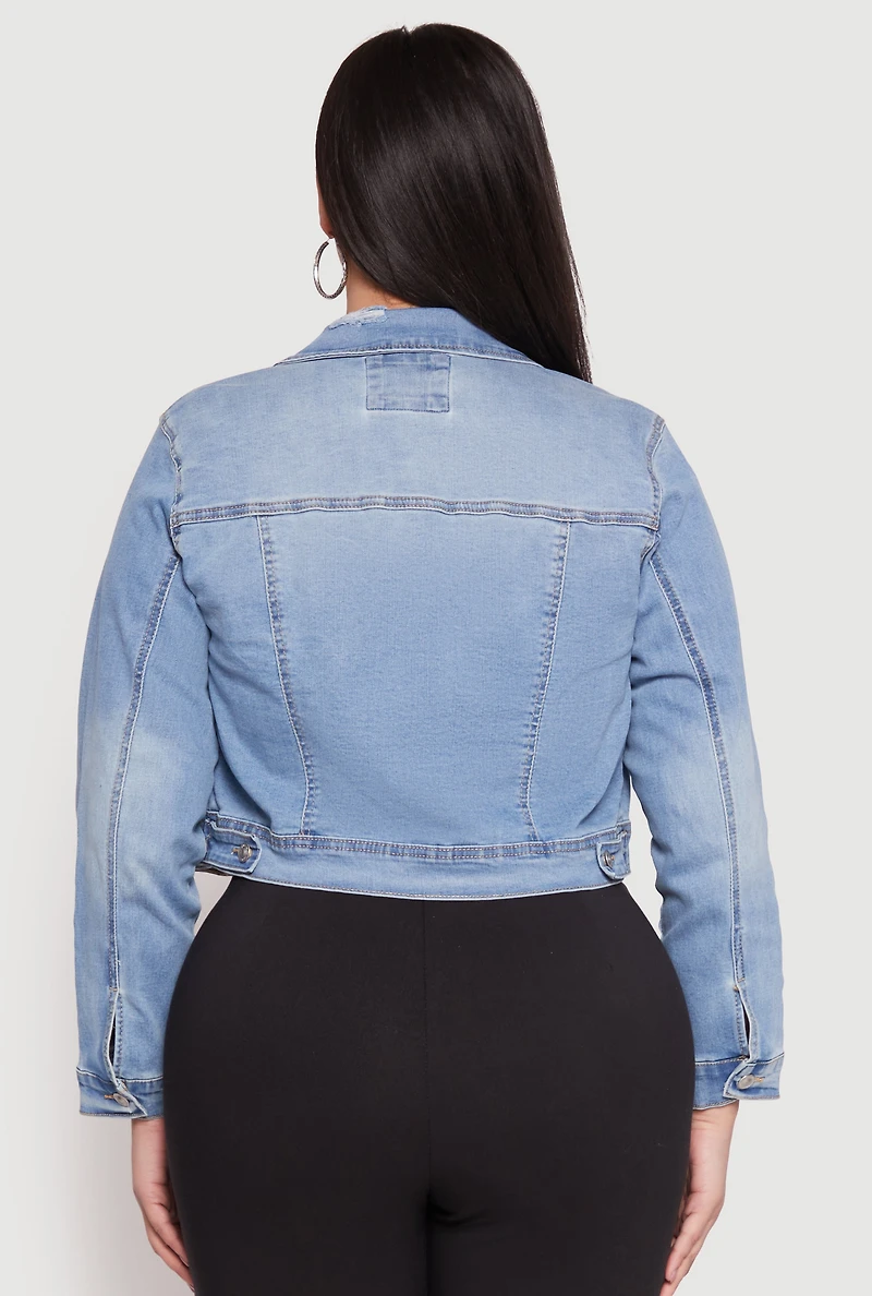Womens Plus Size WAX Distressed Cropped Jean Jacket, Blue, Size 1X