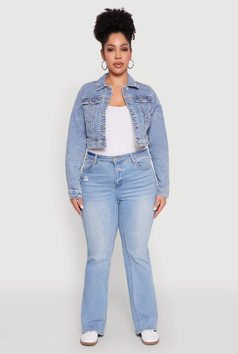 Womens Plus Size WAX Cropped Jean Jacket, Blue, Size 3X