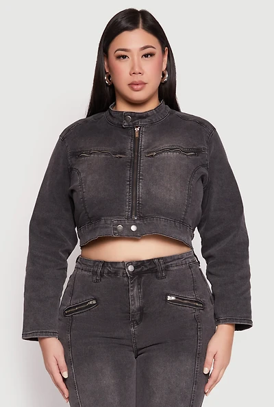 Womens Plus Almost Famous Denim Moto Cropped Jacket, Grey,